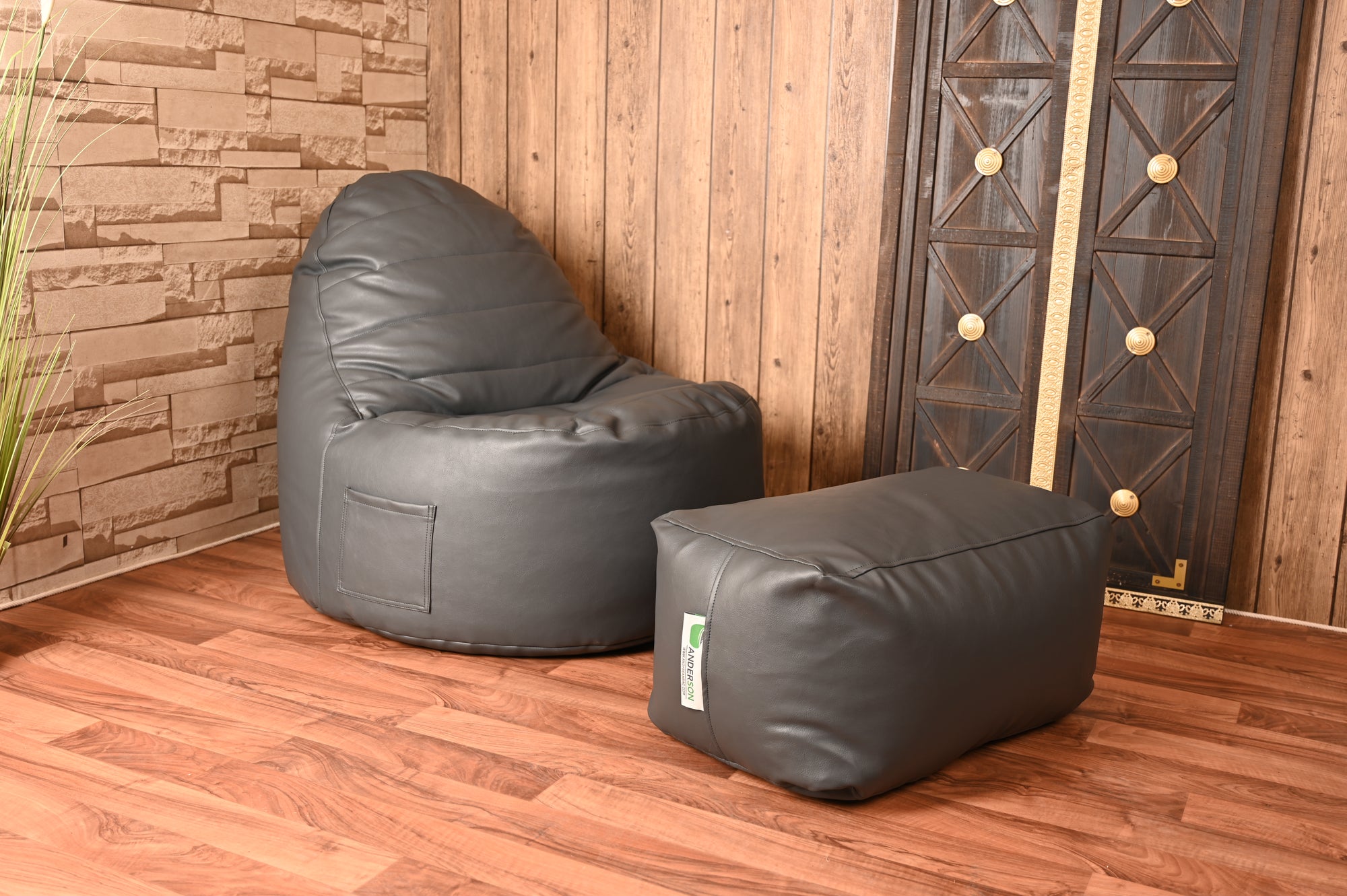 Anderson New Cone Gray Leather Bean Bag + Footstool 